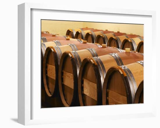 Barrel Cellar for Aging Wines in Oak Casks, Chateau La Grave Figeac, Bordeaux, France-Per Karlsson-Framed Photographic Print