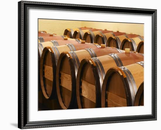 Barrel Cellar for Aging Wines in Oak Casks, Chateau La Grave Figeac, Bordeaux, France-Per Karlsson-Framed Photographic Print