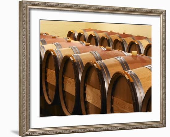 Barrel Cellar for Aging Wines in Oak Casks, Chateau La Grave Figeac, Bordeaux, France-Per Karlsson-Framed Photographic Print