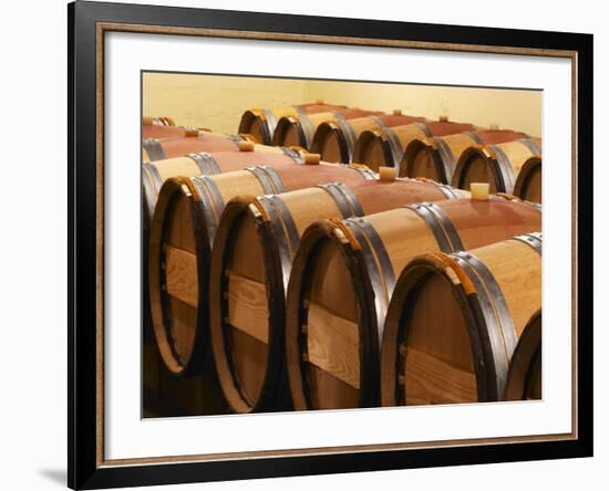 Barrel Cellar for Aging Wines in Oak Casks, Chateau La Grave Figeac, Bordeaux, France-Per Karlsson-Framed Photographic Print