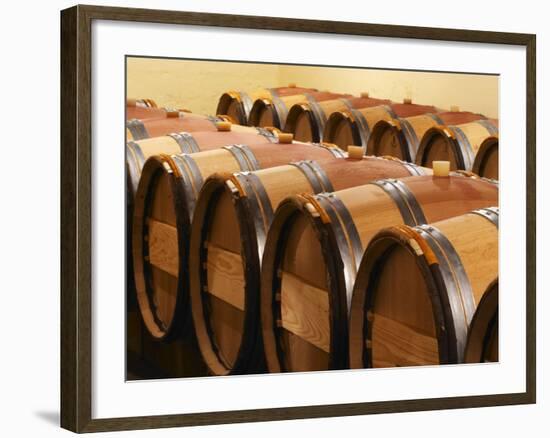 Barrel Cellar for Aging Wines in Oak Casks, Chateau La Grave Figeac, Bordeaux, France-Per Karlsson-Framed Photographic Print