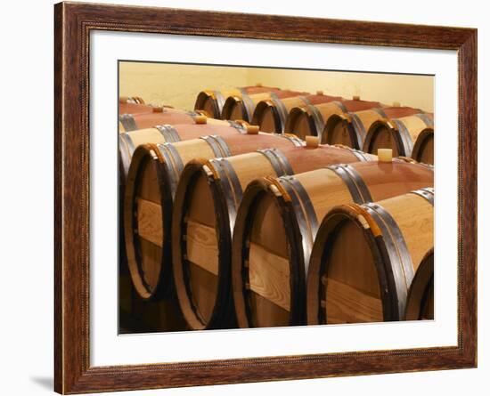 Barrel Cellar for Aging Wines in Oak Casks, Chateau La Grave Figeac, Bordeaux, France-Per Karlsson-Framed Photographic Print