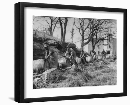 Barrels Being Rolled on Wooden Rails at Jack Daniels Distillery-Ed Clark-Framed Premium Photographic Print