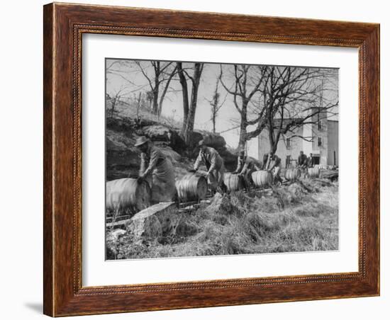 Barrels Being Rolled on Wooden Rails at Jack Daniels Distillery-Ed Clark-Framed Photographic Print