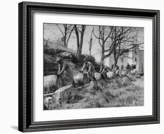 Barrels Being Rolled on Wooden Rails at Jack Daniels Distillery-Ed Clark-Framed Photographic Print