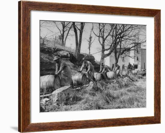 Barrels Being Rolled on Wooden Rails at Jack Daniels Distillery-Ed Clark-Framed Photographic Print