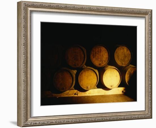 Barrels in a Cellar, Chateau Pavie, St. Emilion, Bordeaux, France-null-Framed Photographic Print