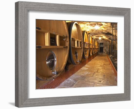 Barrels of Wine Aging in Cellar, Chateau Vannieres, La Cadiere d'Azur-Per Karlsson-Framed Photographic Print