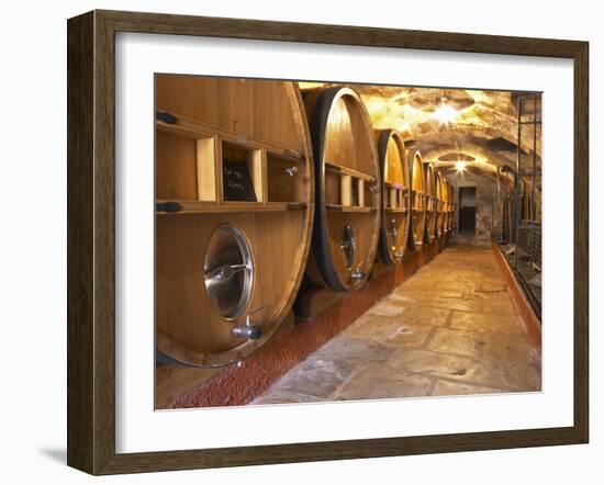 Barrels of Wine Aging in Cellar, Chateau Vannieres, La Cadiere d'Azur-Per Karlsson-Framed Photographic Print