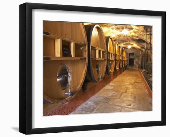 Barrels of Wine Aging in Cellar, Chateau Vannieres, La Cadiere d'Azur-Per Karlsson-Framed Photographic Print