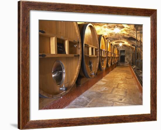 Barrels of Wine Aging in Cellar, Chateau Vannieres, La Cadiere d'Azur-Per Karlsson-Framed Photographic Print