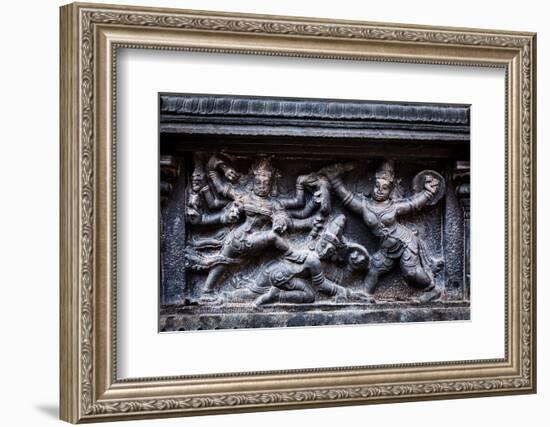 Bas Relief Depicting Durga Slaying Demon (Maheeshasuramardini). Brihadishwara Temple. Tanjore (Than-f9photos-Framed Photographic Print