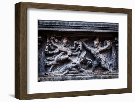 Bas Relief Depicting Durga Slaying Demon (Maheeshasuramardini). Brihadishwara Temple. Tanjore (Than-f9photos-Framed Photographic Print