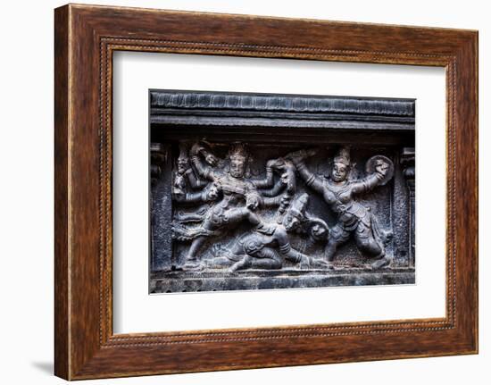 Bas Relief Depicting Durga Slaying Demon (Maheeshasuramardini). Brihadishwara Temple. Tanjore (Than-f9photos-Framed Photographic Print