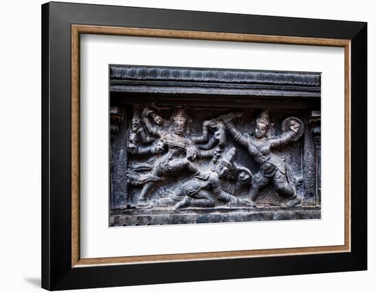 Bas Relief Depicting Durga Slaying Demon (Maheeshasuramardini). Brihadishwara Temple. Tanjore (Than-f9photos-Framed Photographic Print