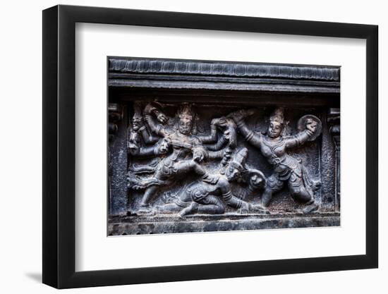 Bas Relief Depicting Durga Slaying Demon (Maheeshasuramardini). Brihadishwara Temple. Tanjore (Than-f9photos-Framed Photographic Print