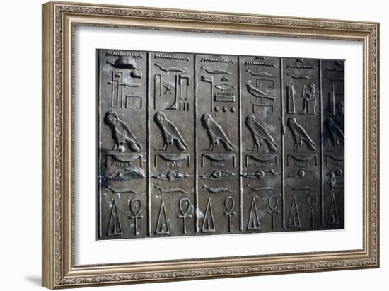 Bas-Relief with Hieroglyphic Reliefs Depicting God Horus in Form of Hawk and Ankh, Symbol of Life-null-Framed Giclee Print