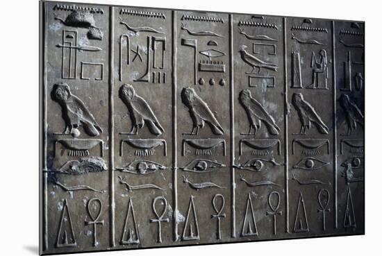 Bas-Relief with Hieroglyphic Reliefs Depicting God Horus in Form of Hawk and Ankh, Symbol of Life-null-Mounted Giclee Print