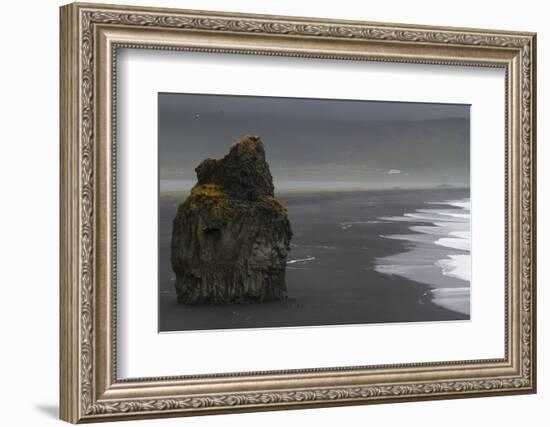 Basalt Column Rises from Black Sand Beach on Rainy Day, Vik, Iceland-Jaynes Gallery-Framed Photographic Print