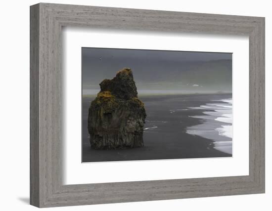Basalt Column Rises from Black Sand Beach on Rainy Day, Vik, Iceland-Jaynes Gallery-Framed Photographic Print