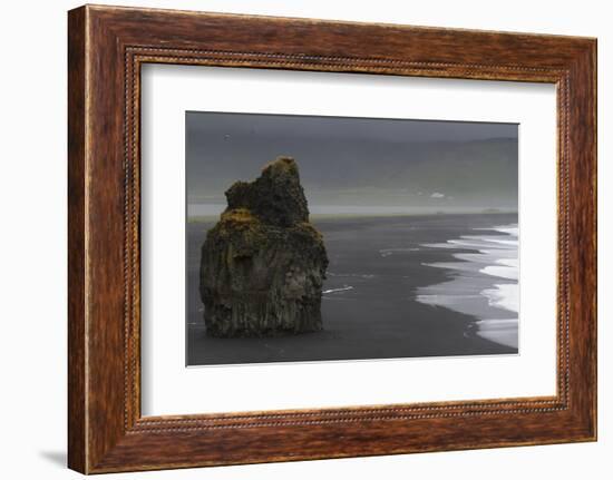 Basalt Column Rises from Black Sand Beach on Rainy Day, Vik, Iceland-Jaynes Gallery-Framed Photographic Print