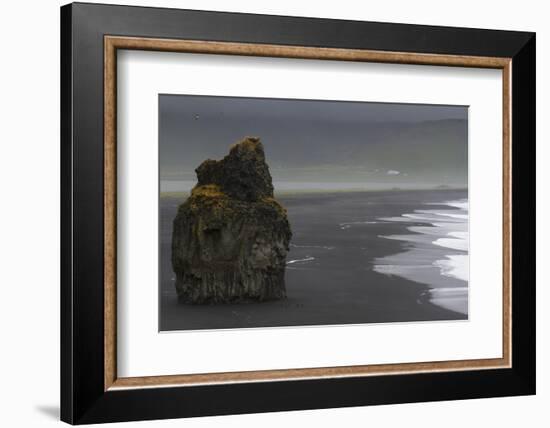 Basalt Column Rises from Black Sand Beach on Rainy Day, Vik, Iceland-Jaynes Gallery-Framed Photographic Print