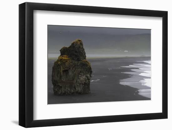 Basalt Column Rises from Black Sand Beach on Rainy Day, Vik, Iceland-Jaynes Gallery-Framed Photographic Print