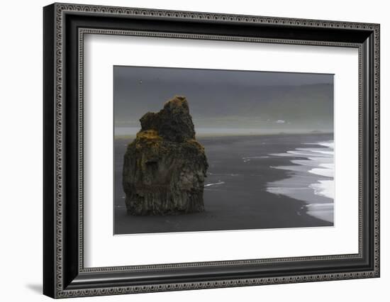 Basalt Column Rises from Black Sand Beach on Rainy Day, Vik, Iceland-Jaynes Gallery-Framed Photographic Print