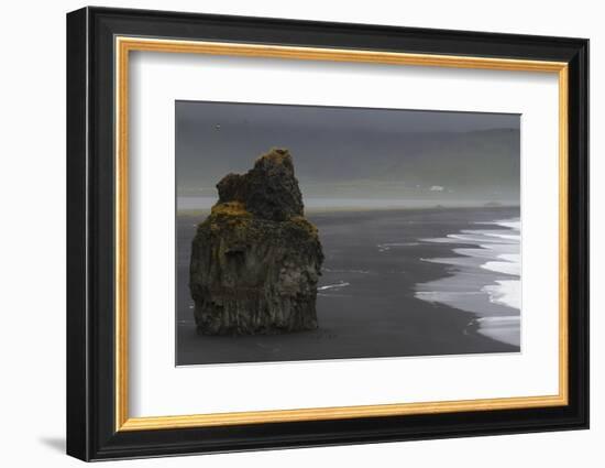 Basalt Column Rises from Black Sand Beach on Rainy Day, Vik, Iceland-Jaynes Gallery-Framed Photographic Print