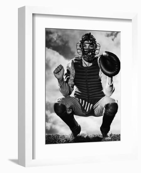 Baseball Catcher Awaiting the Ball-Bettmann-Framed Photographic Print