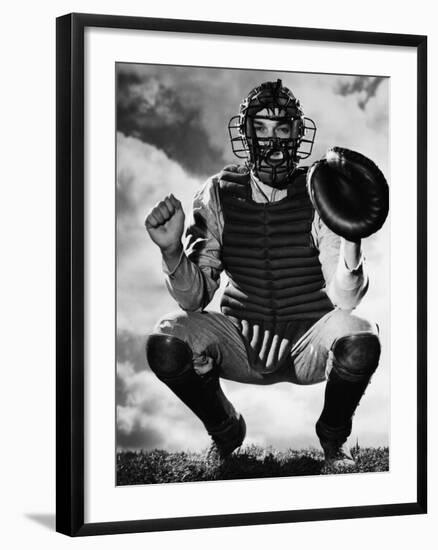 Baseball Catcher Awaiting the Ball-Bettmann-Framed Photographic Print