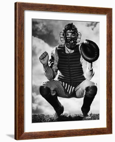 Baseball Catcher Awaiting the Ball-Bettmann-Framed Photographic Print
