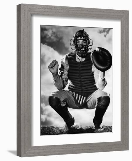 Baseball Catcher Awaiting the Ball-Bettmann-Framed Photographic Print