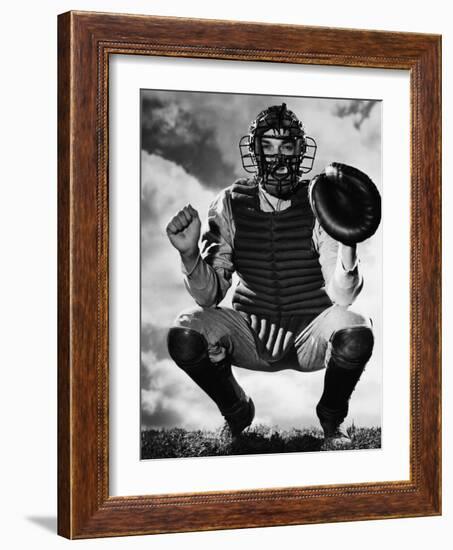 Baseball Catcher Awaiting the Ball-Bettmann-Framed Photographic Print