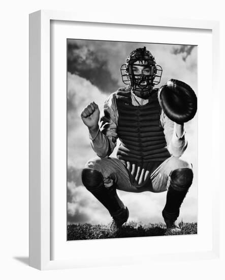 Baseball Catcher Awaiting the Ball-Bettmann-Framed Photographic Print