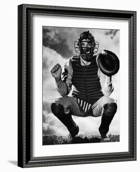 Baseball Catcher Awaiting the Ball-Bettmann-Framed Photographic Print