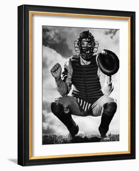 Baseball Catcher Awaiting the Ball-Bettmann-Framed Photographic Print