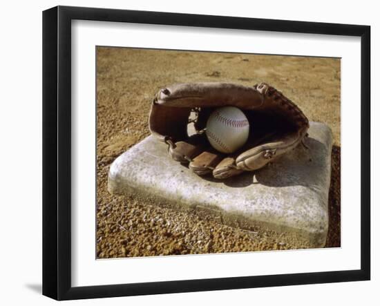 Baseball in a Baseball Glove on a Base-null-Framed Photographic Print