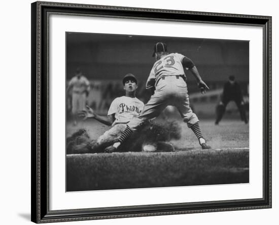 Baseball Player Chico Fernandez Sliding into Base-null-Framed Premium Photographic Print