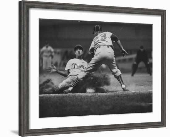 Baseball Player Chico Fernandez Sliding into Base-null-Framed Premium Photographic Print