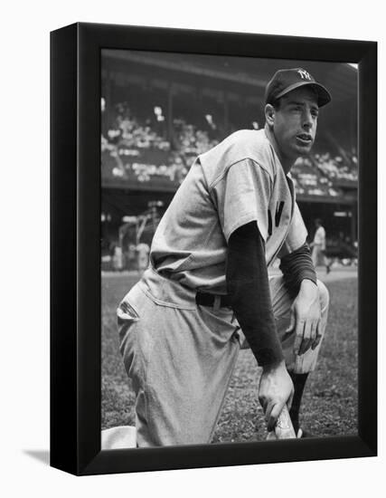 Baseball Player Joe Di Maggio Kneeling in His New York Yankee Uniform-Alfred Eisenstaedt-Framed Premier Image Canvas