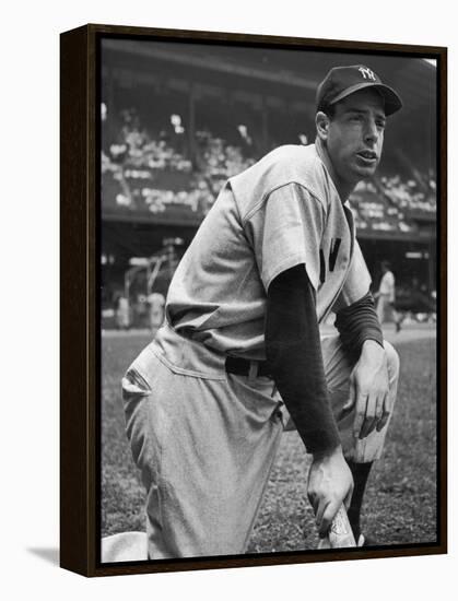 Baseball Player Joe Di Maggio Kneeling in His New York Yankee Uniform-Alfred Eisenstaedt-Framed Premier Image Canvas