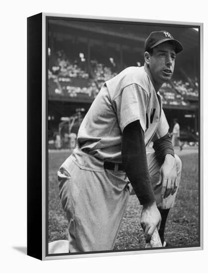 Baseball Player Joe Di Maggio Kneeling in His New York Yankee Uniform-Alfred Eisenstaedt-Framed Premier Image Canvas