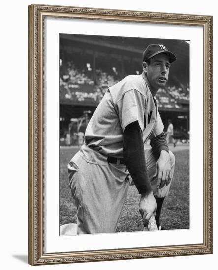 Baseball Player Joe Di Maggio Kneeling in His New York Yankee Uniform-Alfred Eisenstaedt-Framed Premium Photographic Print