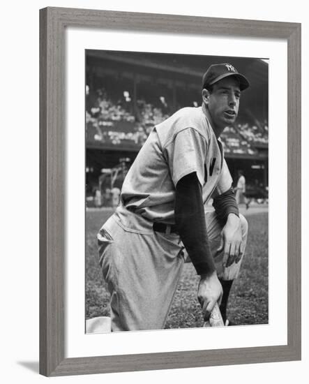 Baseball Player Joe Di Maggio Kneeling in His New York Yankee Uniform-Alfred Eisenstaedt-Framed Premium Photographic Print