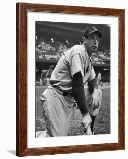 Baseball Player Joe Di Maggio Kneeling in His New York Yankee Uniform-Alfred Eisenstaedt-Framed Premium Photographic Print