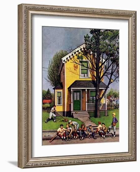 "Baseball Player Mowing the Lawn," July 20, 1946-Stevan Dohanos-Framed Giclee Print