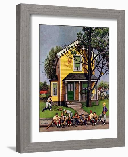 "Baseball Player Mowing the Lawn," July 20, 1946-Stevan Dohanos-Framed Giclee Print