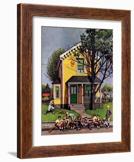 "Baseball Player Mowing the Lawn," July 20, 1946-Stevan Dohanos-Framed Giclee Print