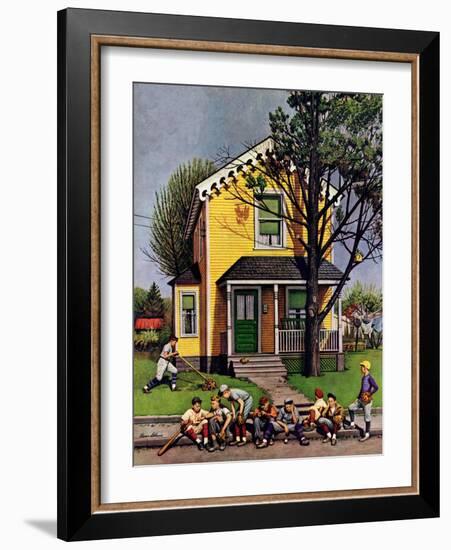 "Baseball Player Mowing the Lawn," July 20, 1946-Stevan Dohanos-Framed Giclee Print